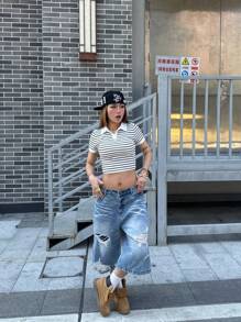 SHEIN Teen Girls Spring/Summer Streetwear Striped Slim Fit Crop Polo Collar Short Sleeve T-Shirt,Parent-Child Clothing - White - View 3