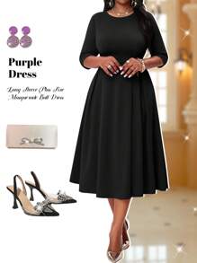 SHEIN Lady  Plus Size Women's Elegant Summer And Winter Elegant Purple Knitted Round Neck Flowy Long Sleeve Plus Size Dresses Masquerade Ball Dress White Long Sleeve Dress Valentines Clothes,Valentine's Day For Valentine's Day