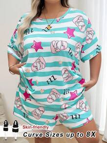SHEIN CURVE+ Plus Size Women's Star Printed Short Sleeved Casual Set, Striped Star Pattern Two Pieces Set - Multicolor - View 3