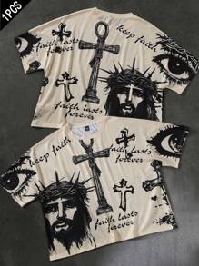 Manfinity EMRG Camiseta de Manga Curta Casual Masculina de Estampa Completa - Damasco - Visão 1