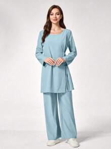 TaskEZ Women Scrub Uniform Set, Solid Color Long Sleeve Side Slit Top And Pants