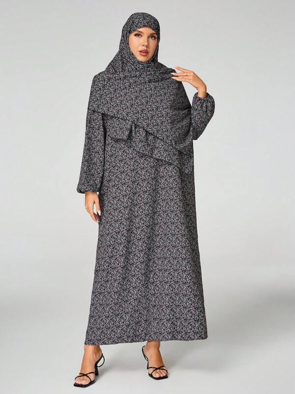 Al Najma Robe ample à manches longues de style arabe avec imprimé floral pailleté, coupe modeste, tailles grandes