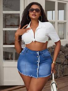 Plus Size Women Stretch Denim Frayed Hem Button Up Skirt Shorts  Summer Outfits For Women Festival Outfits  Skorts  Elegant Vacation Outfits Woman Mini Shorts - Blue - View 6