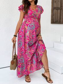 SHEIN Schwangerschaftskleid im Urlaubsstil mit Cashew-Muster, Rüschen an Ärmeln und Taille, figurbetonter Passform in Midi-Länge für Schwangere im Sommer