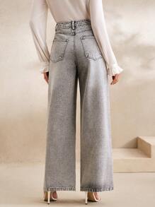 Anewsta 优雅通勤时尚手工水钻直筒女裤，春季女士，夏季 - 深灰色 - 查看 2