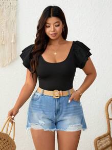 SHEIN Frenchy Mono de una pieza de mujer de talla grande, de unicolor, con cuello redondo y mangas con volantes, informal