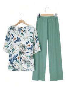 EMERY ROSE 2pcs/Set Women Round Neck Short Sleeve All-Over Plants Print Top And Straight Casual Pants Matching Set