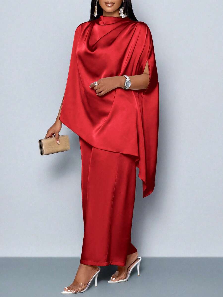 SOLERSUN Women's Fashionable Solid Color Elegant Mock Neck Stylish And Sophisticated Batwing Sleeve Satin Asymmetrical Hem Blouse & Straight-Leg Elegant Long Pants Sets Fall Cloth For Women - Red - View 1
