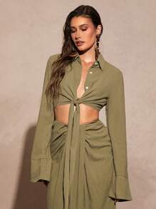 Silquee Luxury In Linens, Take It Slow, Timeless Linens, Women's Solid Color Green, Natural Green Linen Fashion Tie Front Shirt, Comfy Fabric, Suitable For Commute, Daily, Vacation, Resort Wear, Beach Cover-Up, Night Out, Hangout With Friends, Beach Party, Pool Party - Army Green - View 7