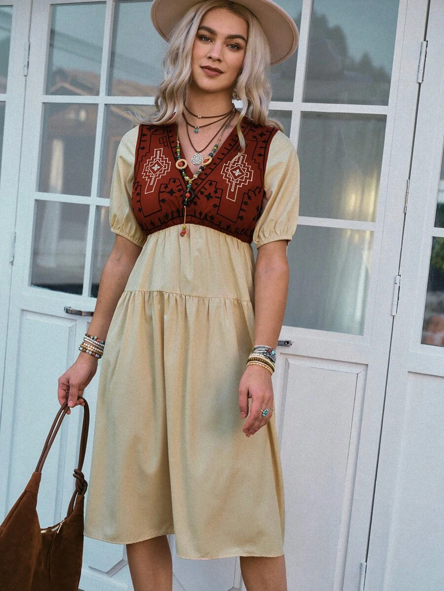 LanaWest Mid-Length Embroidered Patchwork Color Casual Vacation Dress - Apricot - View 1