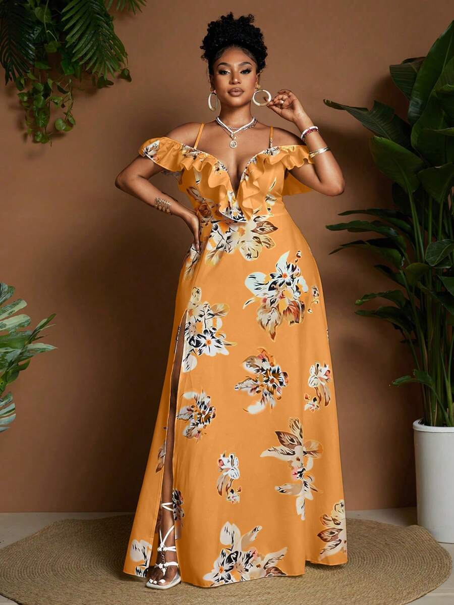 Maweii Plus Size Elegant Floral Print Open Shoulder High Slit Dress, Suitable For Vacation - Orange - View 1