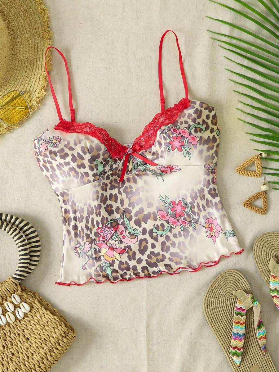 INAWLY Women's Leopard & Floral Print Contrast Lace Camisole - Khaki - View 1