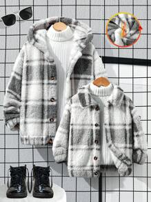 年轻男孩格子羊毛休闲拉链黑白格纹冬季外套，休闲服装 - 黑與白 - 查看 1