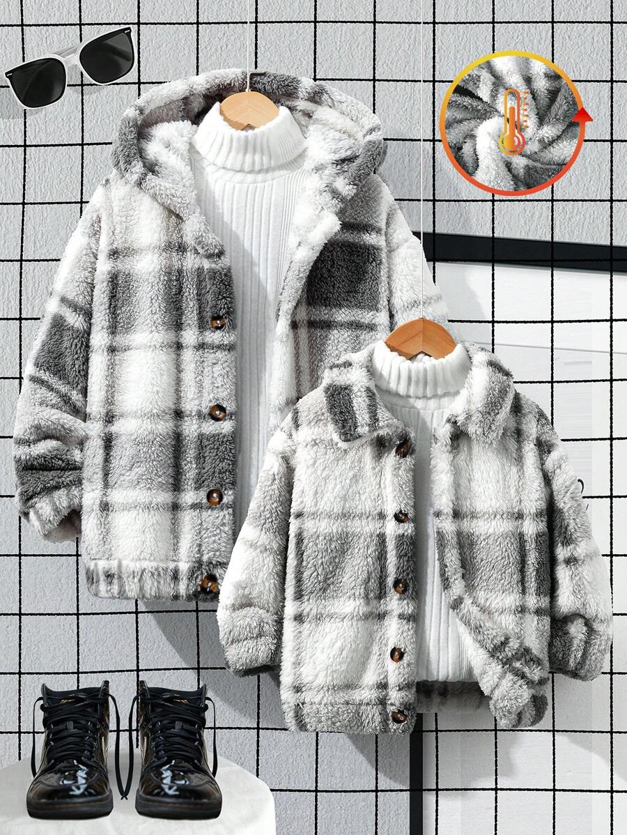 年轻男孩格子羊毛休闲拉链黑白格纹冬季外套，休闲服装 - 黑與白 - 查看 1