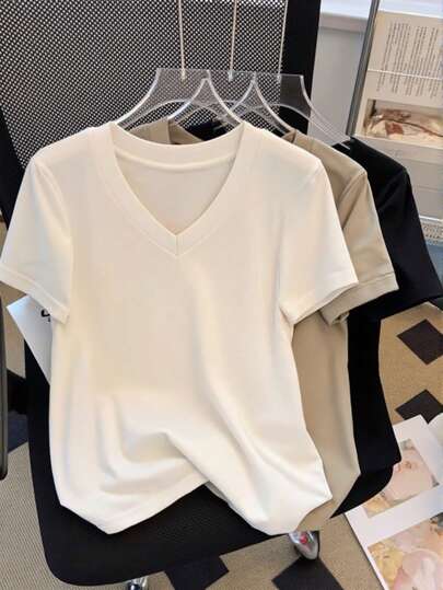 INAWLY Women's Solid Color V-Neck Short Sleeve Casual Versatile T-Shirt