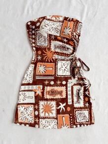 Soleia Summer Beach Vacation Island Element Print Drawstring Waist Hollow Out Fitted Tube Dress, Holiday Date Night, Afternoon Tea,Dresses For Women Summer