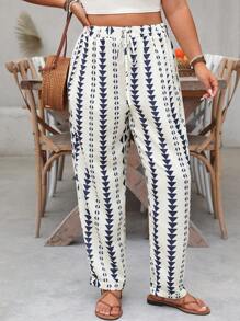 SHEIN Holidaya Pantaloni casual e larghi con stampa a cono, vita con coulisse, adatti alle vacanze, per taglie forti