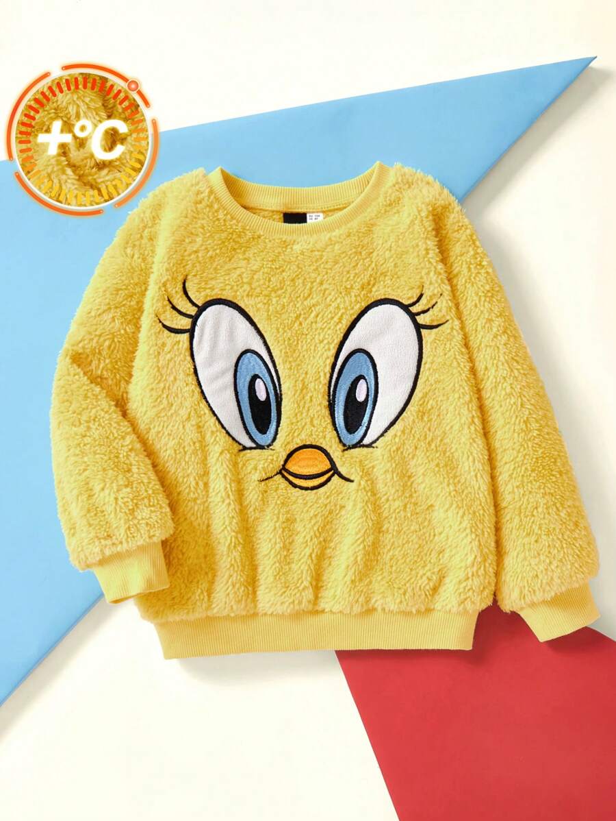 LOONEY TUNES X SHEIN Young Girl Big Expression Plush Round Neck Warm Sweatshirt With Tweety Bird Cartoon Applique Embroidery, Autumn/Winter