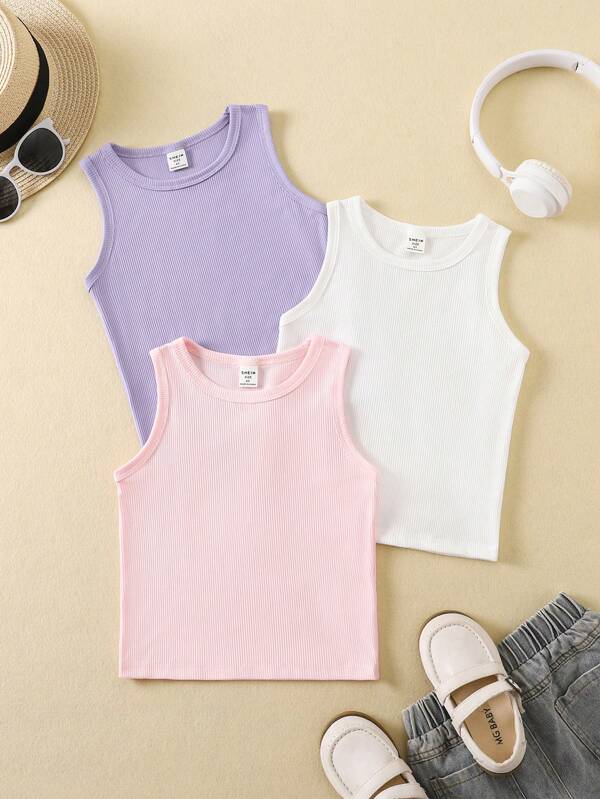SHEIN 3pcs Young Girls' Minimalist Fashion Versatile Round Neck Casual Camisole, Summer,Holiday,Summer,Travel, School, Campus, College
