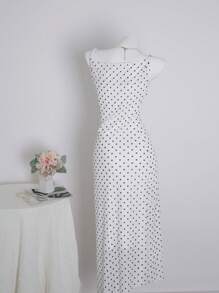 SHEIN Unity Women's Summer Polka Dot Mesh Dress With V-Neck, Vacation Style - White - View 2