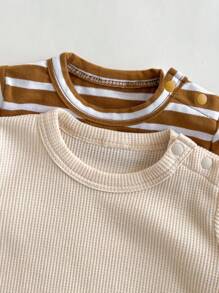 Loomiva 4pcs Newborn Baby Boy/Girl Set: Soft Knit Round Neck Short Sleeve Top And Elastic Waist Shorts - Multicolor - View 7