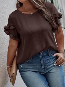 SHEIN Clasi Camicetta casual con volant sulle maniche, di colore solido, per donne taglie forti, estiva