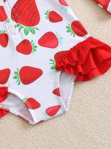 SHEIN GraphicGems 1pc Baby Girl Strawberry Print One-Piece Swimsuit With Hat