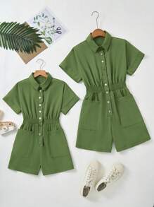Mono informal con bolsillos, mangas de murciélago y cuello para niñas para vacaciones, conjunto a juego en familia (2 piezas se venden por separado)