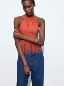 Maija 女士性感纯色流苏下摆露背吊带上衣，夏季，度假 - 橘色 - 查看 6