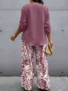 EMERY ROSE 1set Women Plus Size Random Print Turnup Sleeve Solid Shirt And Tropical Plant Print Pants, 2 Pieces Outfit Fall - Purple - View 2