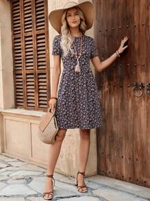 Faunlyn Valentine's Day Ladies' Summer Round Neck Floral Print A-Line Short Elegant Dress - Multicolor - View 5