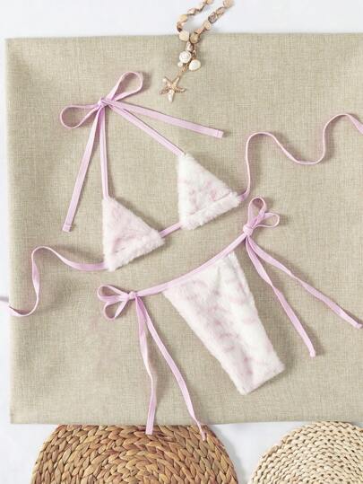 Swim Mod 2pcs Women Beach Outfit Elastic Fuzzy Fabric Tie Front Fashionable Sexy Bikini Set For Summer Beach Vacation