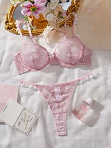 SHEIN Set de 2 piezas de lencería con encaje de estilo sexy en color rosa loto - Rosa - Ver 1