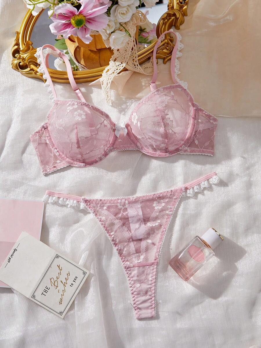 SHEIN Set de 2 piezas de lencería con encaje de estilo sexy en color rosa loto - Rosa - Ver 1