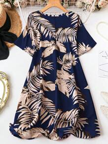 SHEIN Holidaya Plus Size Women Tropical Plant Print V-Neck Short Sleeve Casual Dress