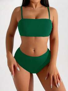 SHEIN Swim Conjunto de bikini de unicolor para playa y vacaciones - Verde militar - Ver 5