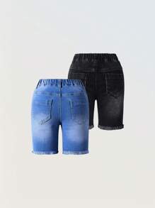 2 件/套年轻女孩休闲日常都市街头风格弹力牛仔短裤，配百搭腰带、破洞、磨损下摆 - 彩色 - 查看 2