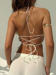 Aloruh Romantic Sexy White Backless Lace Top For Wedding Season,Rave Top