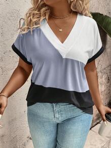 SHEIN LUNE قميص كاجوال فضفاض بياقة على شكل V وأكمام قصيرة للنساء ذوات الأحجام الكبيرة. ملابس نسائية علوية، تصميم لوحة ملونة، للعطلات الصيفية - متعدد الألوان - مشاهدة 4