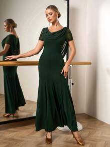 Mulvari Oversized Ruffle Lace Chiffon Patchwork Draped Neck Dress For Women, Suitable For Dancing