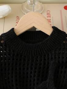SHEIN Tween Girl Hollow-Out Long Sleeve Sweater And Solid Color Camisole Knit Tops Set, Spring/Summer - Black - View 4