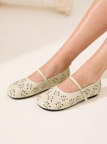 CUCCOO CHICEST Giày đế bằng Mary Jane mũi tròn in laser dễ thương cho nữ, phong cách cơ bản thời trang và đa năng - Màu be - Xem 11