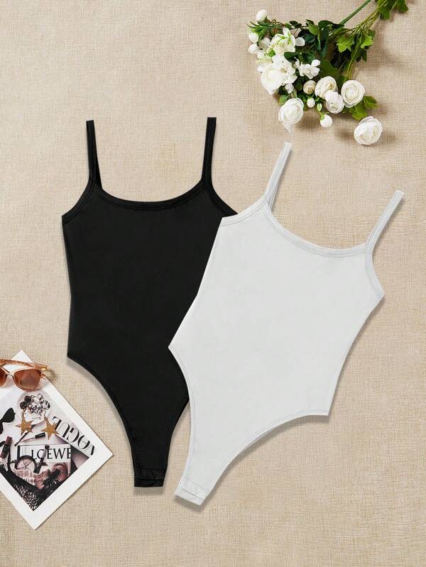 SHEIN EZwear Two-Piece Set Women's Casual Sleeveless Spaghetti Strap Rib-Knit Bodysuits, Black And White, Soft Knitted Fabric For Everyday Comfort Suitable For Going Out