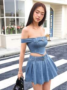 SHEIN Unity K-Vae Women's Going Out Outfits,Off Shoulder Top & Pleated Denim Skirt 2pcs Set, Summer Fashion - Medium Wash - View 3