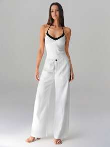 TRNVIE Quần ống rộng lưng thấp kẻ sọc họa tiết giản dị, Xuân/Hè - trắng - Xem 6