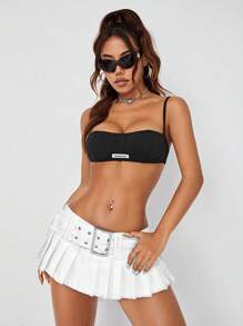 SHEIN ICON 女士纯色系带褶皱迷你牛仔裙 - 白色 - 查看 4