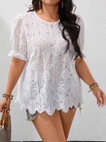 SHEIN Clasi Women Plus Size Round Neck Short Sleeve 3D Floral Chiffon Blouse, Spring/Summer - White - View 5