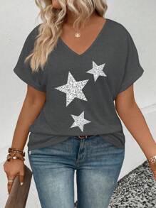 INAWLY Women's V-Neck Flare Cuff Star Print Casual Versatile Plus Size T-Shirt - Dark Grey - View 4