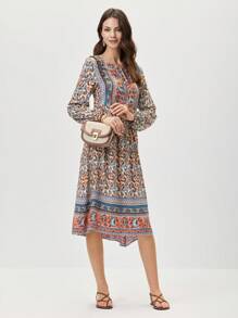 Miaspire Tie Neck Floral Print Lantern Sleeve Smock Dress