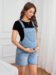 SHEIN Maternity Casual Washed Denim Overalls For Summer - Light Wash - View 3